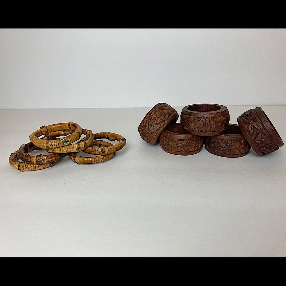 Vintage Boho Napkin Rings Bamboo Carved Wood